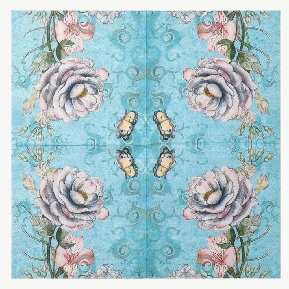 Floral Rose on Blue Luncheon Paper Napkins, 20 ct